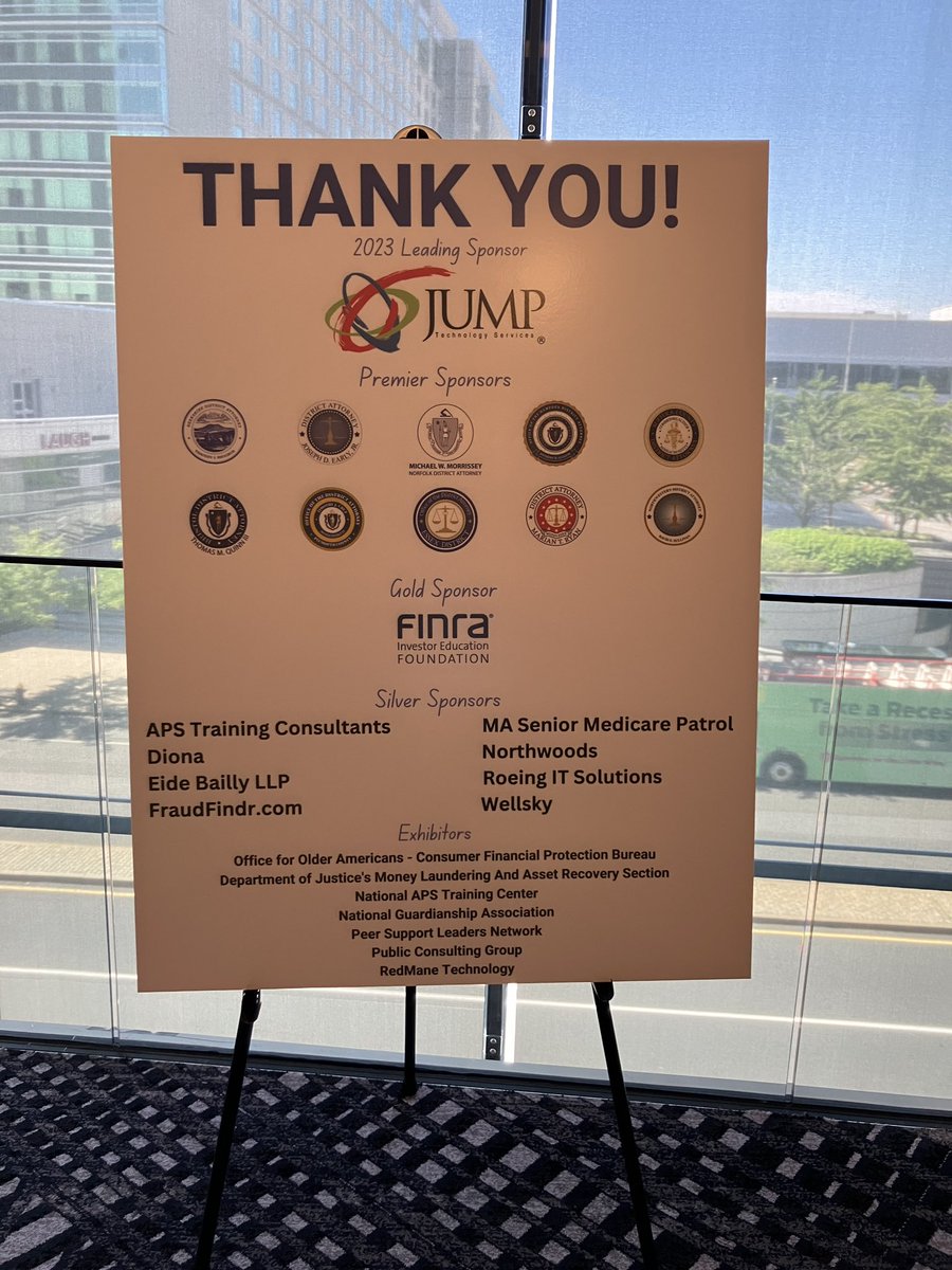 NAPSA_NOW's tweet image. Thank you to our sponsors! @JUMPTechService @worcesterda @PlymouthCtyDAO @EssexCountyDA  Norfolk DA @HampdenDA @DAMarianRyan @SCDAONews Northestern DA @FINRAFoundation APS Training Consultants @DionaHHS @EideBaillyLLP @FraudFindr MA SMP @TeamNorthwoods @roeingcorp @WellSkyHealth