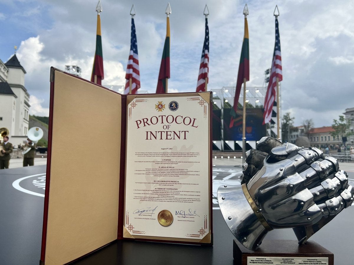 TAGofPA's tweet photo. Gen. Valdemaras Rupšys &amp; I signed a Protocol of Intent outside the Palace of the Grand Dukes of Lithuania, celebrating the 30 year partnership of the @LTU_Army &amp; @PaNationalGuard, &amp; declaring our intention to continue our legacy of successful cooperation. #SPP30 #TogetherWeServe https://t.co/nhOYojyv5c