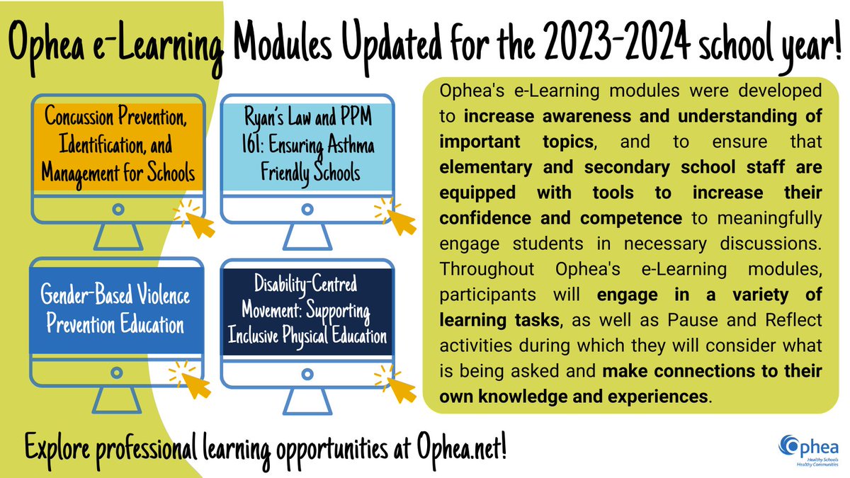 Ophea is pleased to offer FREE self-directed e-Learning modules to support school staff in meaningfully engaging with students and fostering the development of safer learning environments for every student! Explore the 2023/2024 updated modules:  bit.ly/3qTST2u