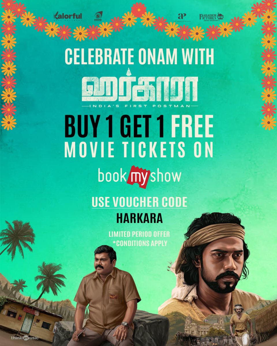 Ferozekha2's tweet photo. #Harkara Onam Special BUY ONE &amp; GET ONE FREE TICKET OFFER !! 

User Voucher Code : HARKARA on booking portal - “Book My Show” &amp; get a Free Ticket !! 

Limited Period Offer, make use of it 🥳

Film based on India’s First Postman starring @kaaliactor &amp; @RamArunCastro1 😊 https://t.co/hbFazA0Ku3