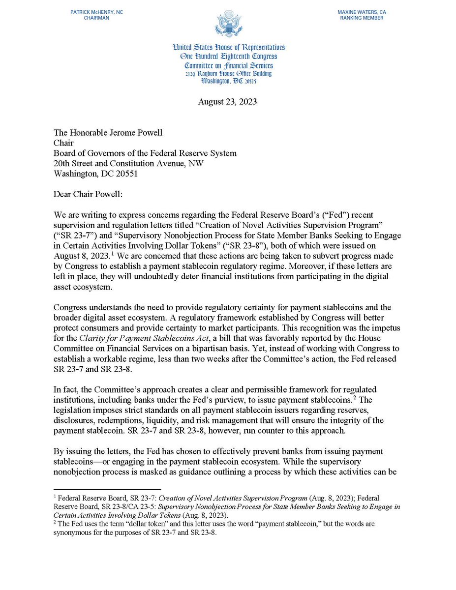 RepFrenchHill's tweet photo. I sent a letter alongside @PatrickMcHenry and @RepHuizenga to the @FederalReserve objecting to their efforts to undermine @FinancialCmte's progress on stablecoin legislation. The Fed has chosen to effectively prevent banks from issuing payment stablecoins.

#crypto #digitalassets https://t.co/QkQz1LtkaW