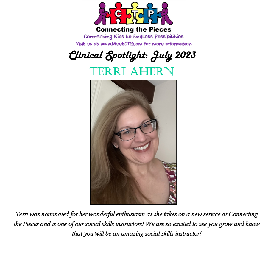 MeetCTP's tweet photo. Congratulations to our Clinical Spotlight for July: Terri Ahern! Terri is an amazing employee who has been with CTP for almost 2 years providing quality BCBA & Social Skills support! Congrats Terri! #greatemployees #BCBA #spotlight #ABA #specialeducation #MeetCTP https://t.co/HLeFsI9rLS