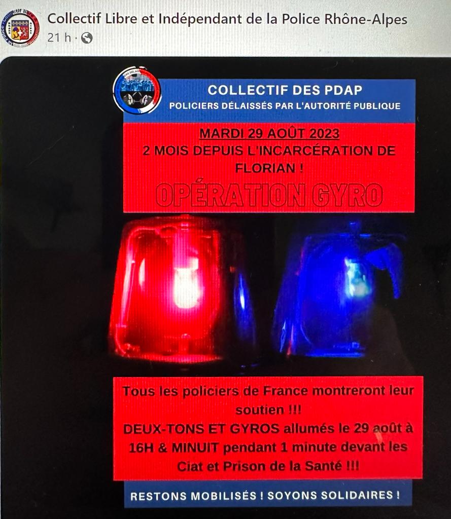 collectifPDAP's tweet image. Merci  à tous pour votre soutien ! @_FFOC_ UPNI, le CLIP  RA, les Gilets bleus.... 
Demain tous unis pour Flo !!
@GDarmanin @AmineElbahii @CNEWS @BFMTV