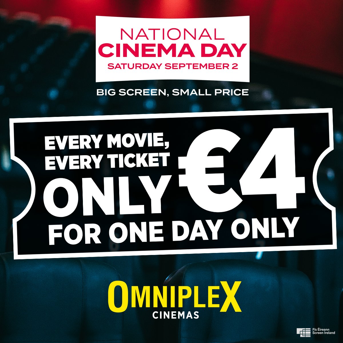 This Saturday Sept 2nd see ANY movie, ANY time for just €4🍿Celebrate #NationalCinemaDay at Omniplex Cinemas and catch some of the year's biggest blockbuster movies across Ireland - for one day only! Avoid disappointment! Pre-book your tickets now at omniplex.ie