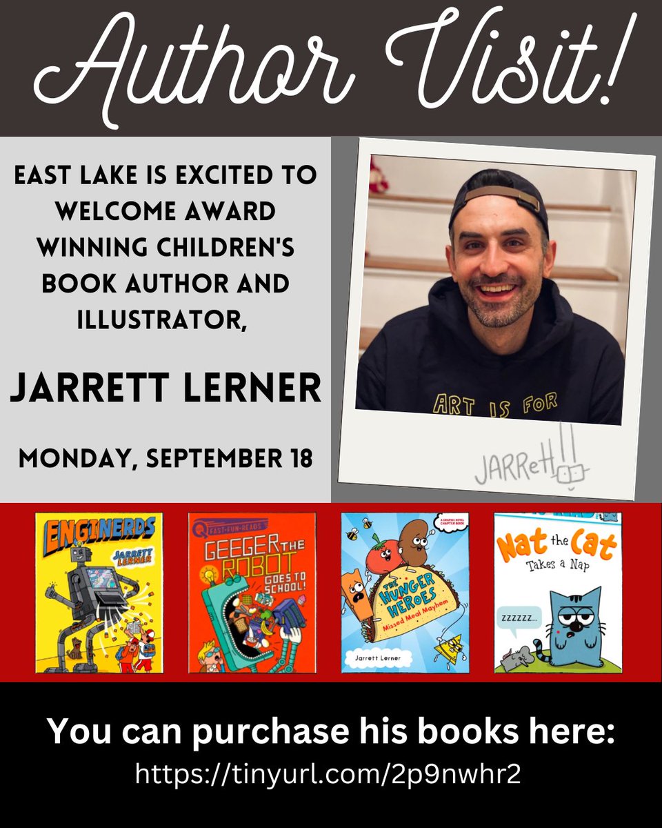 The secret is out! Award winning author and illustrator Jarrett Lerner is COMING TO EAST LAKE! 
You can pick up a copy of his books here:
tinyurl.com/4pwby8kh
To Opt-out of this presentation complete this form:
tinyurl.com/88w54vvb