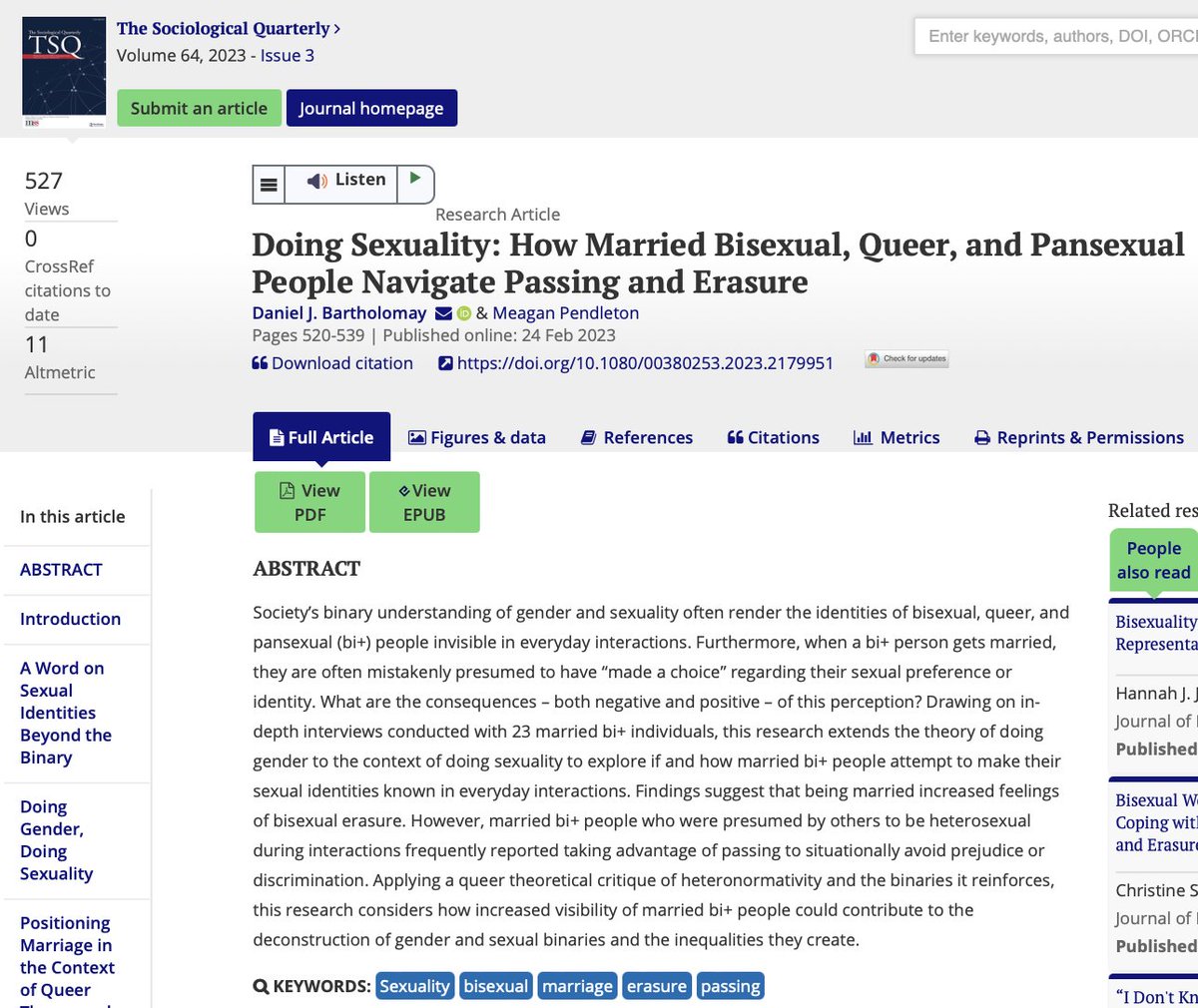 LATEST ISSUE  

Daniel J. Bartholomay and Meagan Pendleton (<a href="/sociolome/">Meagan Pendleton</a>) explore if and how married bisexual, queer, and pansexual people attempt to make their sexual identities known in everyday interactions. 

Read more at the TSQ website: bit.ly/3Z6WkPt