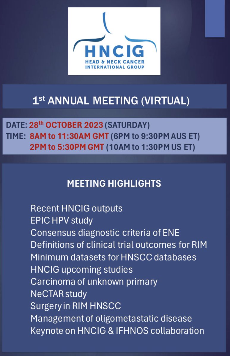 Exciting announcement! The HNCIG is hosting its inaugural annual meeting, virtually, on Saturday 10/28/23, including two sessions to accommodate various time zones. Register here: docs.google.com/forms/d/e/1FAI…