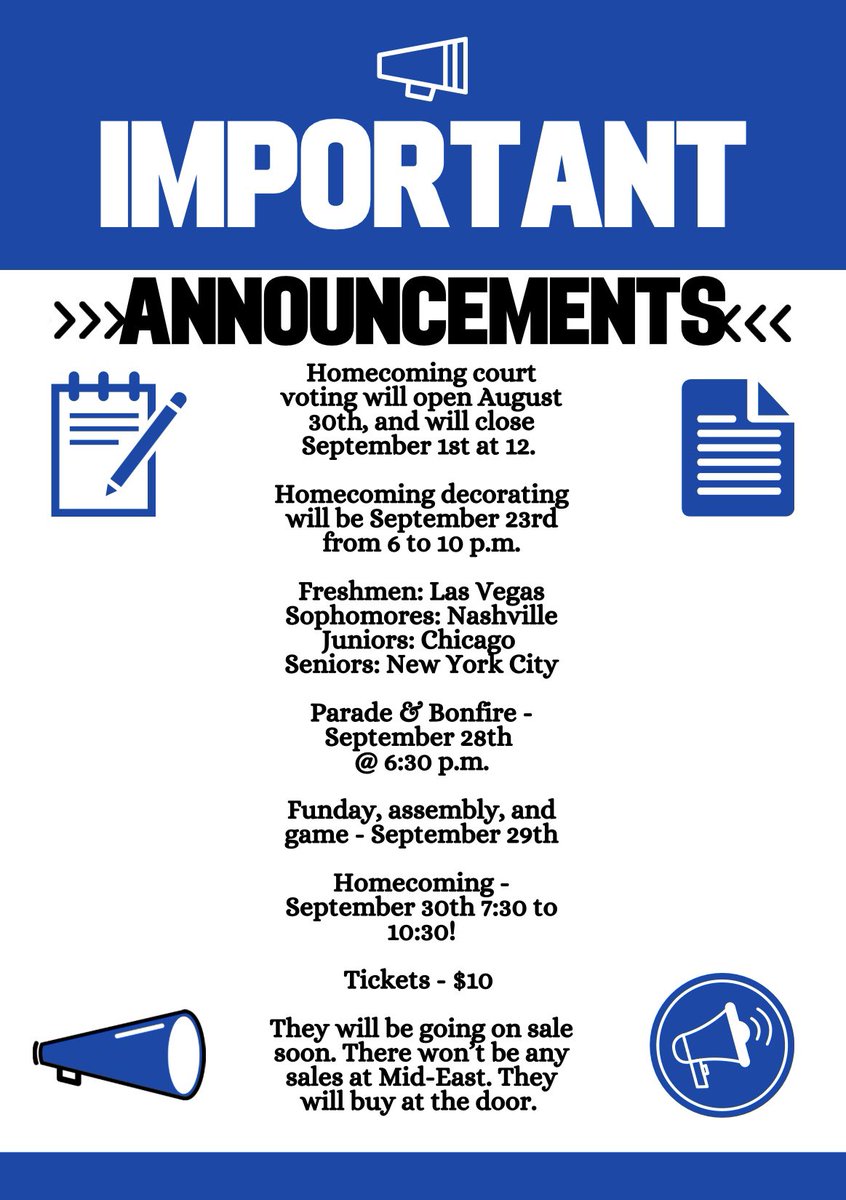 Homecoming is getting close! Here is some information to keep in mind for the next couple of weeks! Let’s have some fun! 📣💙