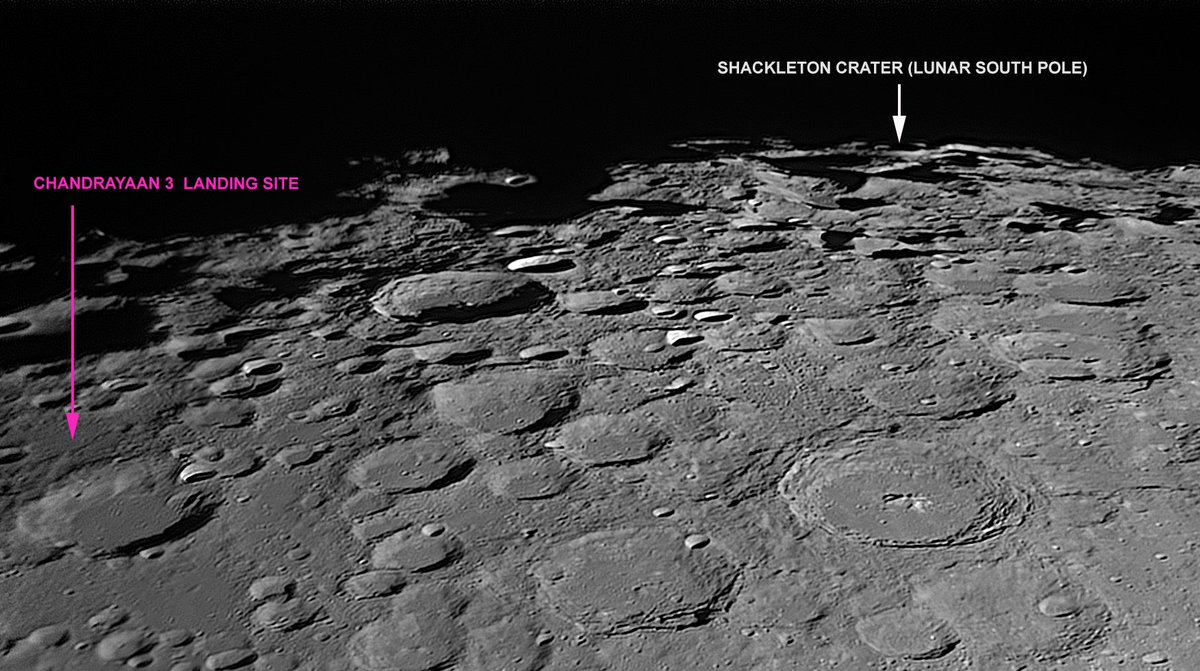 CoopsCamera's tweet image. Here's a high resolution image showing the Chandrayaan 3 landing site nestled between Manzinus and Boguslavsky craters. Shackleton crater is visible too showing the distance from lander to the pole.
Taken with my Skywatcher 300PDS telescope.  South is up.