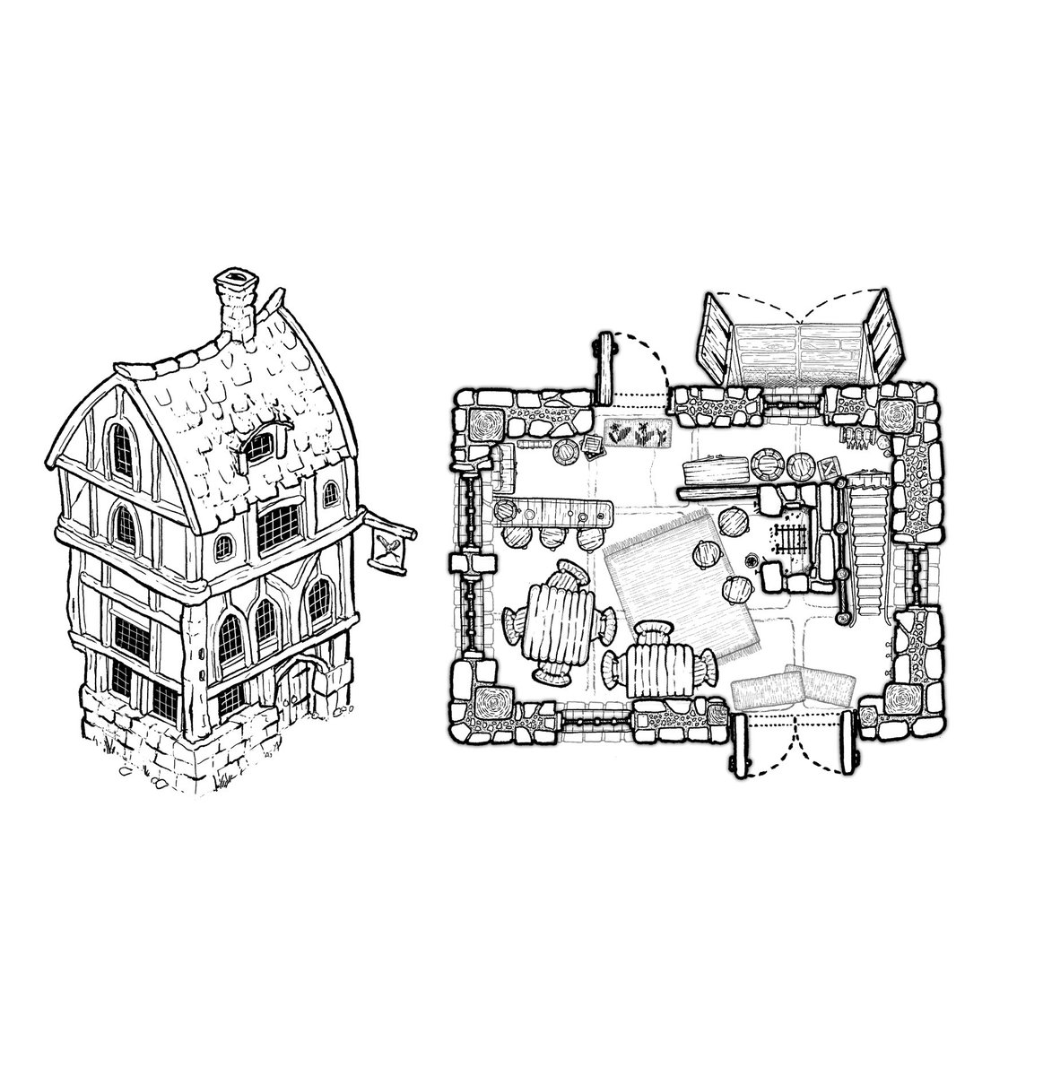 ChloeTheCartog's tweet photo. And because I haven’t drawn a battlemap for a while I did the ground floor of my fairy tail style inn; The Hunting Bird Inn. I’ll do the upper floors and cellar at some point…
 #battlemap #ttrpg https://t.co/iv1FuRTRfl