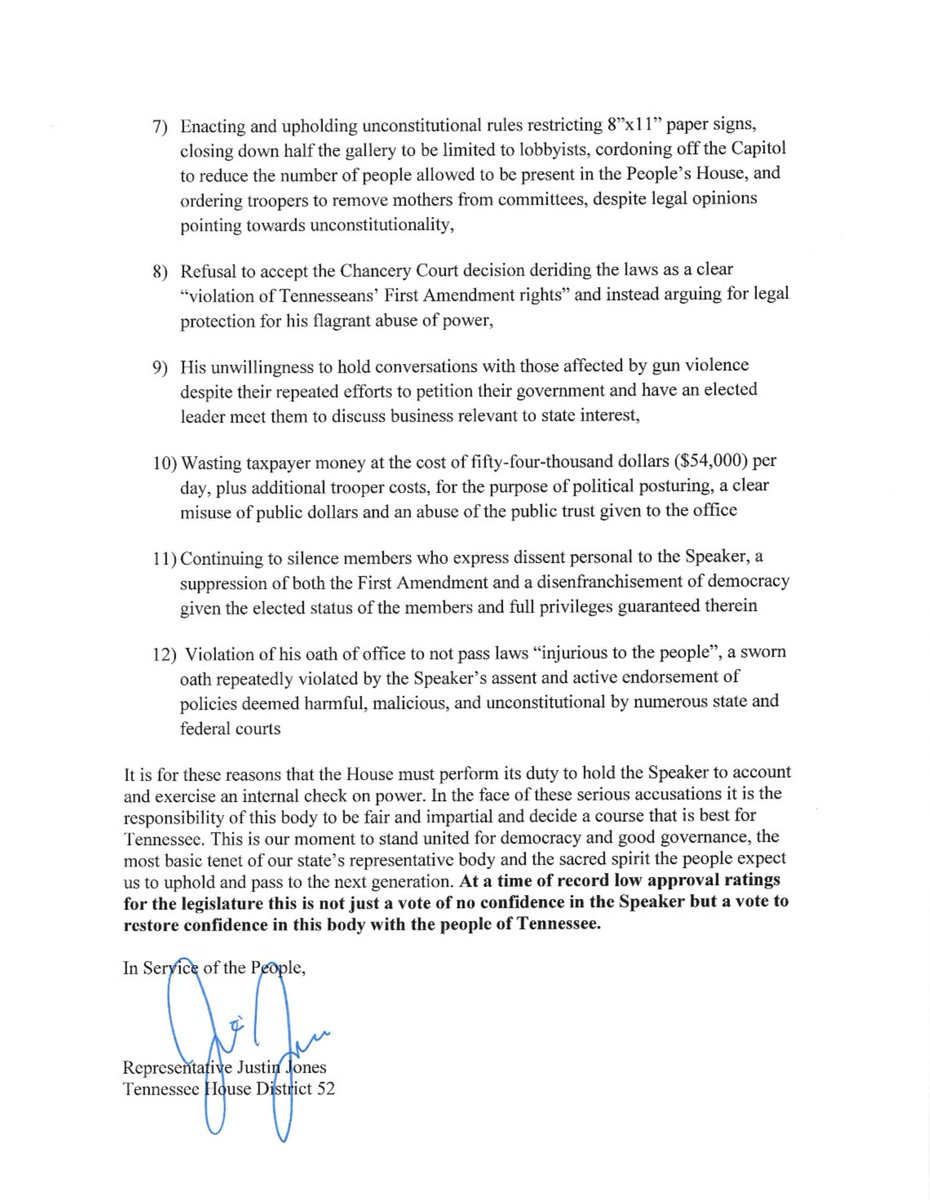 brotherjones_'s tweet photo. This morning, my office delivered this letter to Speaker Cameron Sexton and my legislative colleagues, sharing the intent to call for vote of no confidence in the Speaker due to his continued abuse of power and dishonor to the public office he holds.
Tennesseans deserve better. https://t.co/uaWDlceTuY