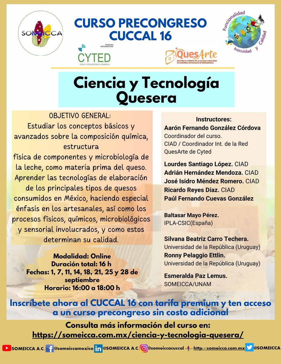 SOMEICCA's tweet photo. Les compartimos este curso de Ciencia y tecnología Quesera. 🧀

¡Inscríbete!
https://t.co/CGW0MMXKsn https://t.co/qCd17NsG3V