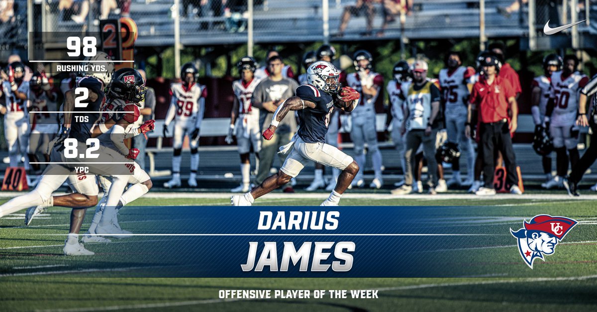 UCPatriotFball's tweet photo. Congratulations to our Offensive Player of the Week vs. KCU - @dariusjames13 

His multi-touchdown outing with 8.2 yards per carry propelled the Patriots to an explosive offensive performance! https://t.co/plbaq8nS6k