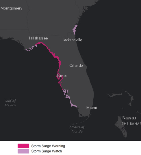 NHC_Surge's tweet photo. 8/28 10am CDT: There is a danger of life-threatening storm surge inundation from #Idalia along portions of the Florida Gulf Coast where a Storm Surge Warning is in effect, including Tampa Bay &amp; the Big Bend. Residents in these areas should follow advice from local officials. https://t.co/t0s8WghUJu