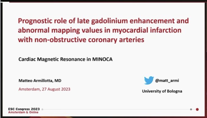 matt_armi's tweet photo. 📌 Very happy to share our results at #ESCCongress #ESC2023.

🔥 Prognostic role of early #whyCMR in #MINOCA patients.

Proub to be part of this great team: @pizzi_carmine @L_Bergamaschi @FoaAlberto @P_Paolisso @Ang_Sanso @escardio

For more insights 👉 https://t.co/8bAmt2XciN https://t.co/bOVcozuIup