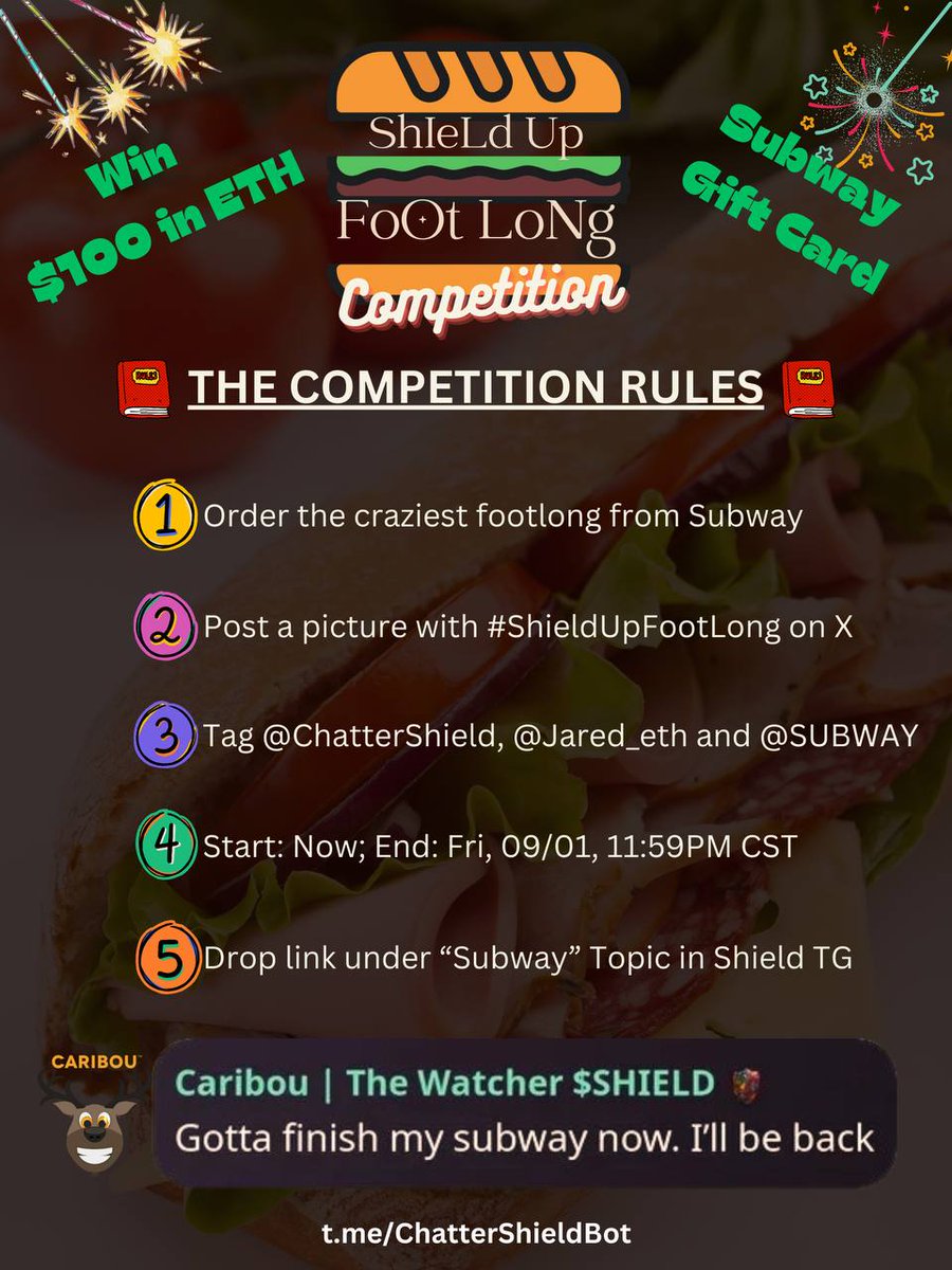ChatterShield's tweet photo. Pretty on brand for @Jared_eth to like our tweet considering your favorite dev @CaribouLive is always eating @SUBWAY! Let's start a contest and make Monday a little more interesting, shall we? #ShieldUpFootlong https://t.co/YpLSArVQIl