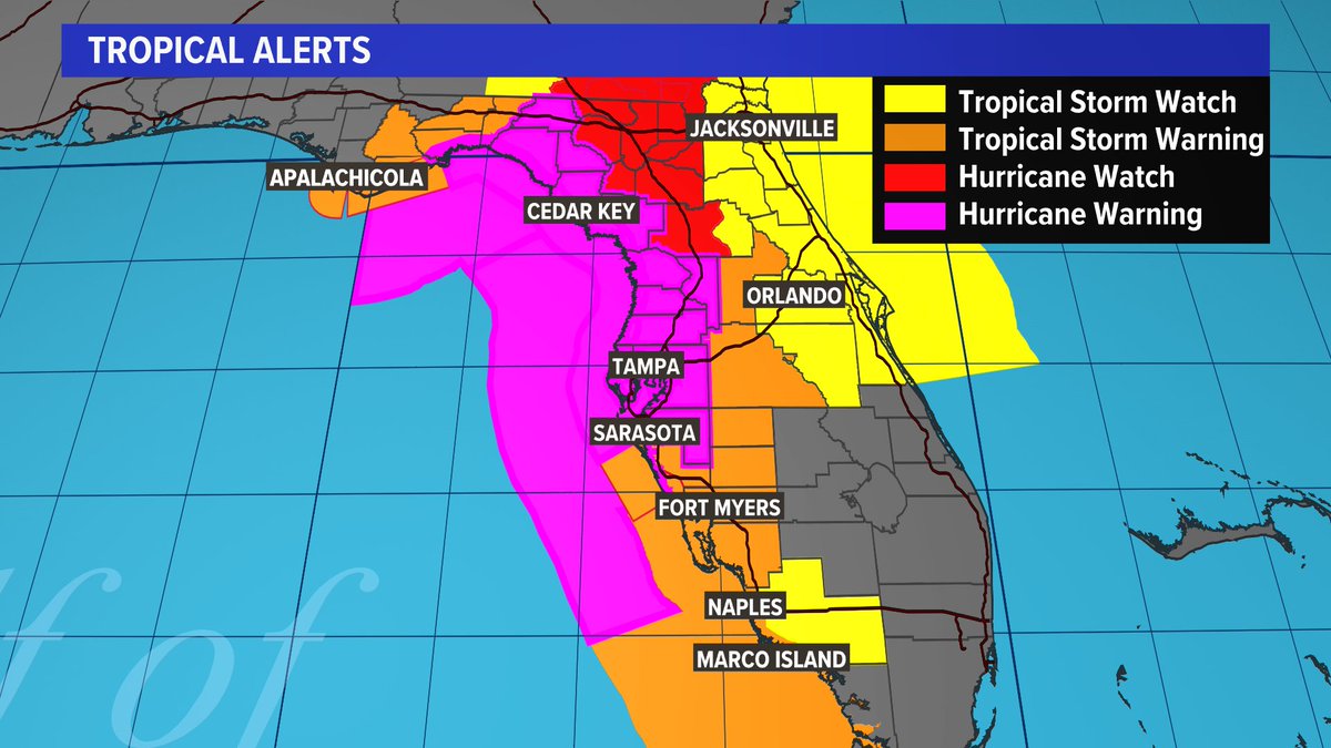 pcavlin's tweet photo. ⚠️ #BREAKING -

#Hurricane warnings now posted for Tampa Bay north, into the Big Bend Coast

Tropical Storm warnings for SWFL, from Port Charlotte to Marco Island

Storm surge will be a huge factor for the *entire* west coast of #Floirda 

@KHOU #khou11 #tropics https://t.co/MRNgZrj7jx
