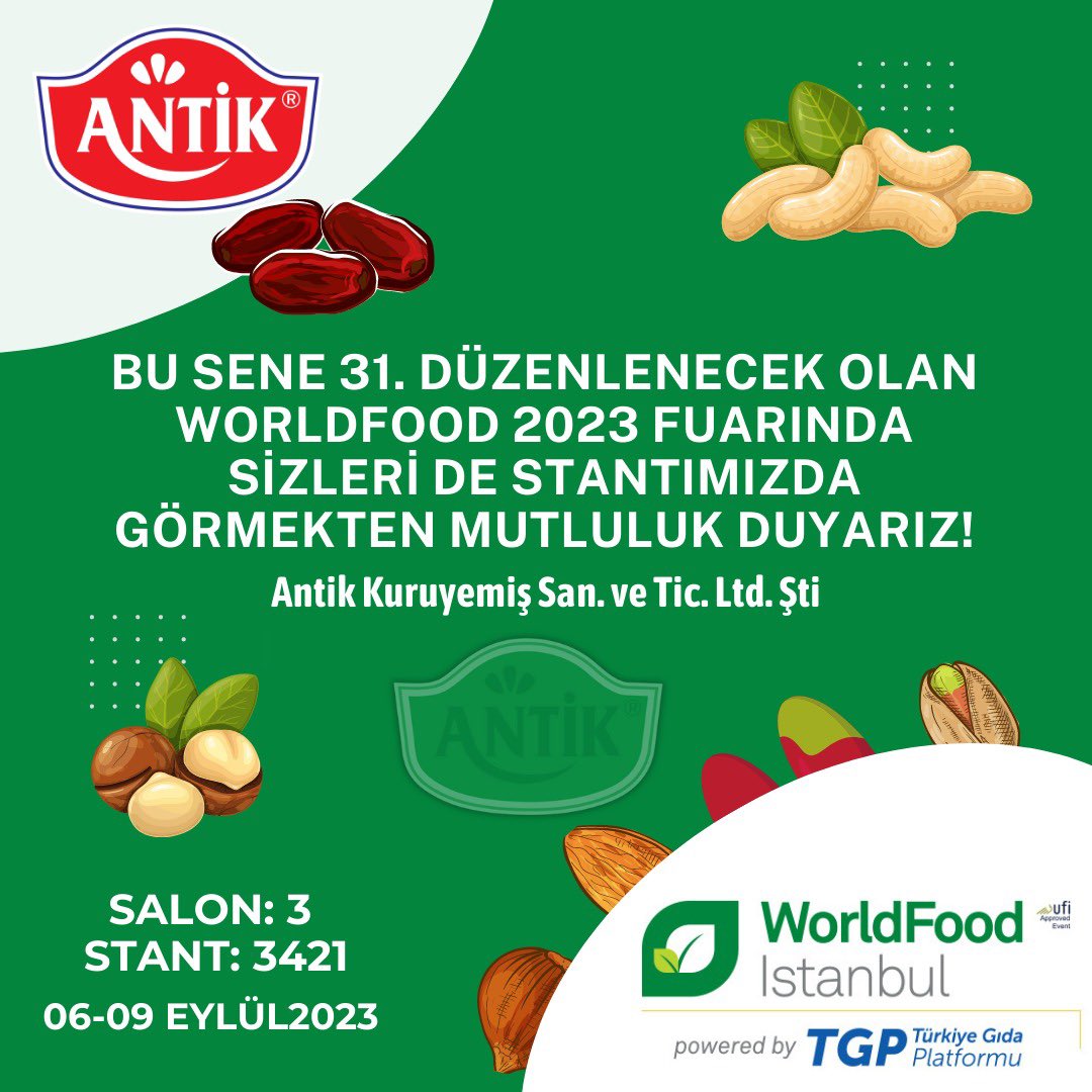 31. düzenlenecek olan @worldfoodistanbul Fuarı’nda katılımcı olarak yerimizi alıyoruz. Sizleri de bekleriz.
06-09 Eylül
Salon: 3 Stant Numarası: 3421
#kuruyemis #fuar #tüyap #worldfoodistanbul