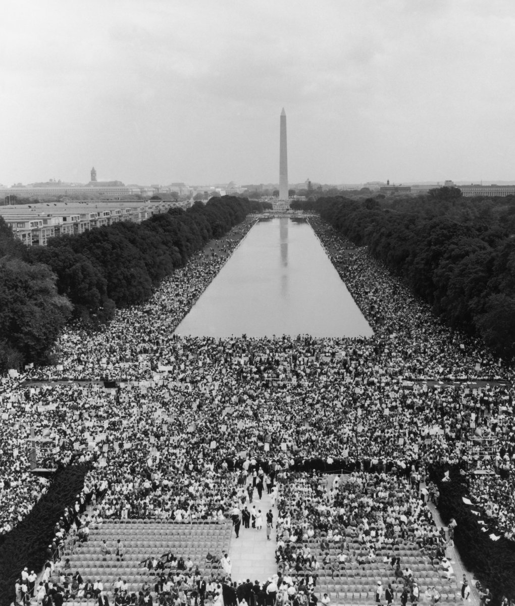 MichelleObama's tweet photo. Sixty years ago today, as many as 250,000 people of all races and backgrounds gathered at the Lincoln Memorial for the March on Washington for Jobs and Freedom. 

It was a turning point in the struggle for civil rights and equality—and it came together thanks in part to the organizing efforts of folks like Bayard Rustin and Philip Randolph, who helped bring together groups and volunteers from all over the country.