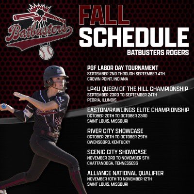 Batbusters-Rogers fall schedule is complete and this team is ready. Always getting our girls to play against the best teams and placed in the top exposure tournaments.