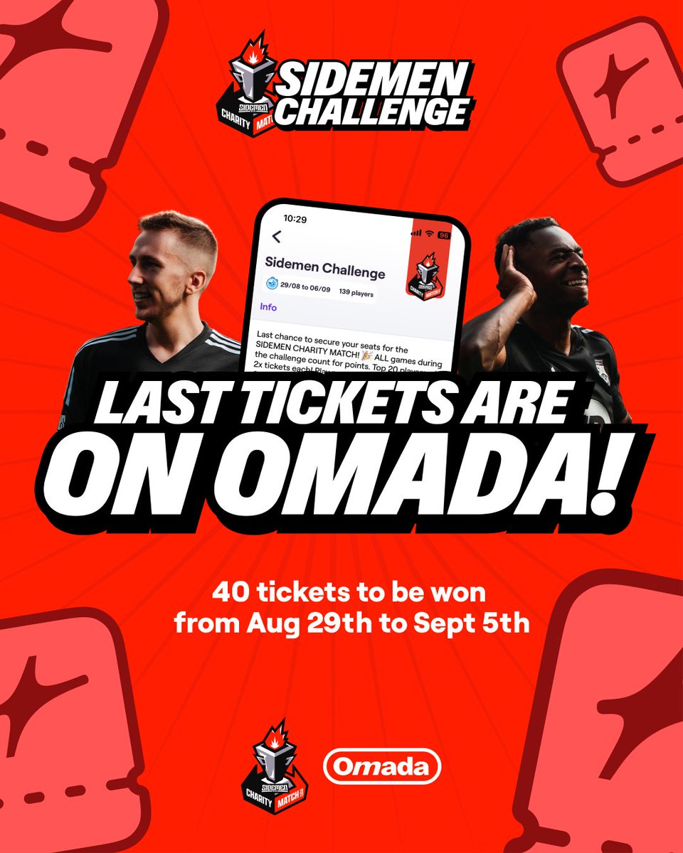 Omada_UK's tweet photo. 🚨 WIN 2x TICKETS TO THE SIDEMEN CHARITY MATCH 🚨

We’ve partnered with the @Sidemen  to offer you a last chance of getting tickets to the Sidemen Charity Match! 🔥

➡️ Join the Sidemen Challenge in the Omada app to win!

Download now: https://t.co/aBqW2QZ1cz https://t.co/5eUCOZrvu0