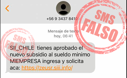SII_Chile's tweet photo. [MENSAJE TEXTO FALSO-SMISHING] 🚨 Ante la circulación de un nuevo mensaje de texto que intenta suplantar mensajería institucional, el SII reitera su llamado a tener el máximo de precaución frente a este tipo de comunicaciones. 🔎
Conoce más detalles en 👉https://t.co/OgDdZmWnAp https://t.co/ZZgVjKCbKJ