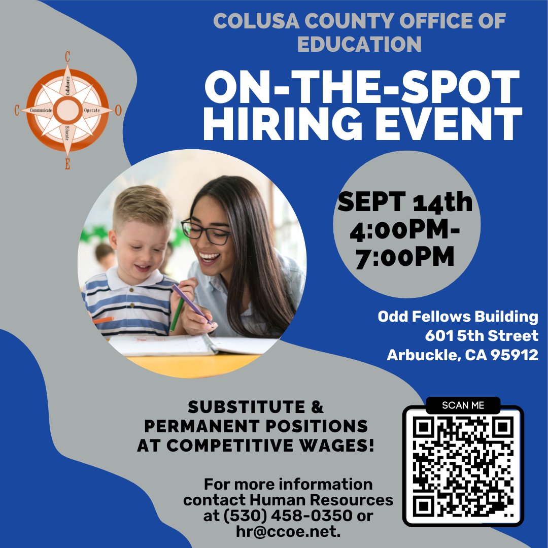 ColusaCOE's tweet photo. Visit https://t.co/KpuBhvNLRS to view current job listings!  Contact Human Resources at (530) 458-0350 for questions or more information. https://t.co/QRVet62XCT