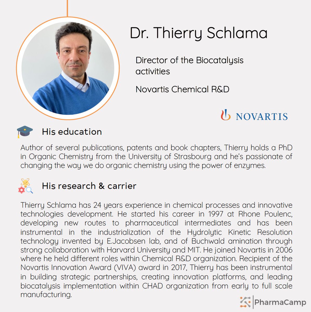 Pharmacamp 2023 will take place in Bern in September. Meet our speakers ! Fourth on is Dr. Thierry Schlama, Director of the Biocatalysis activities at Novartis ! We are looking forward to listen to his talk ! #pharmacamp #unibe #biocatalysis #precisionmedicine #digitalisation