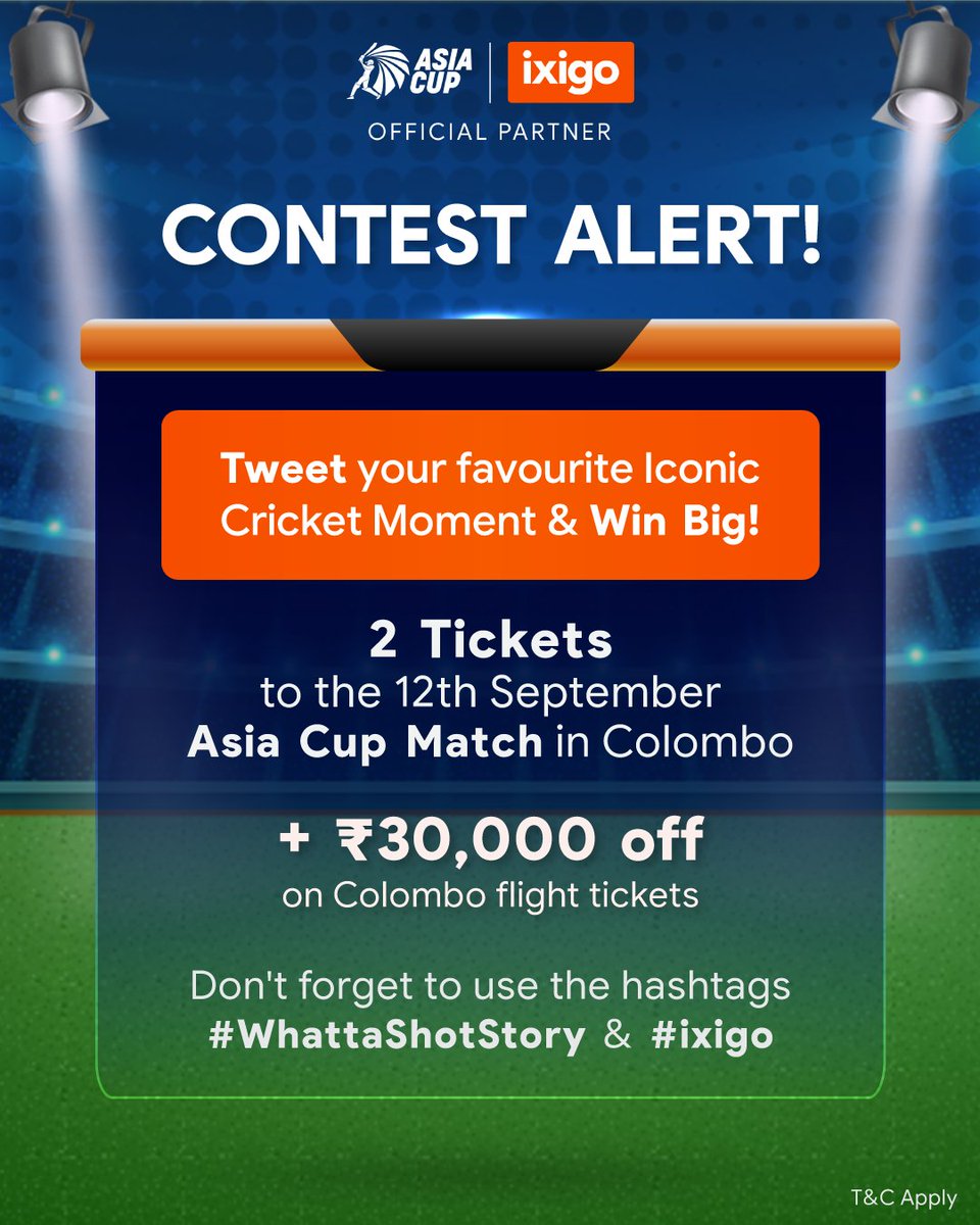 ixigo's tweet photo. #ContestAlert
Describe your favorite iconic cricket moment. Win Tickets for the 12th Sept #AsiaCup2023 match in Colombo + FLAT 30K off on flights. 
Ho Dhoni ka winning hit ya Yuvraj ke 6 six &amp; more. 

Your tweet must be among the most liked &amp; shared! https://t.co/DmJPuDJAbp