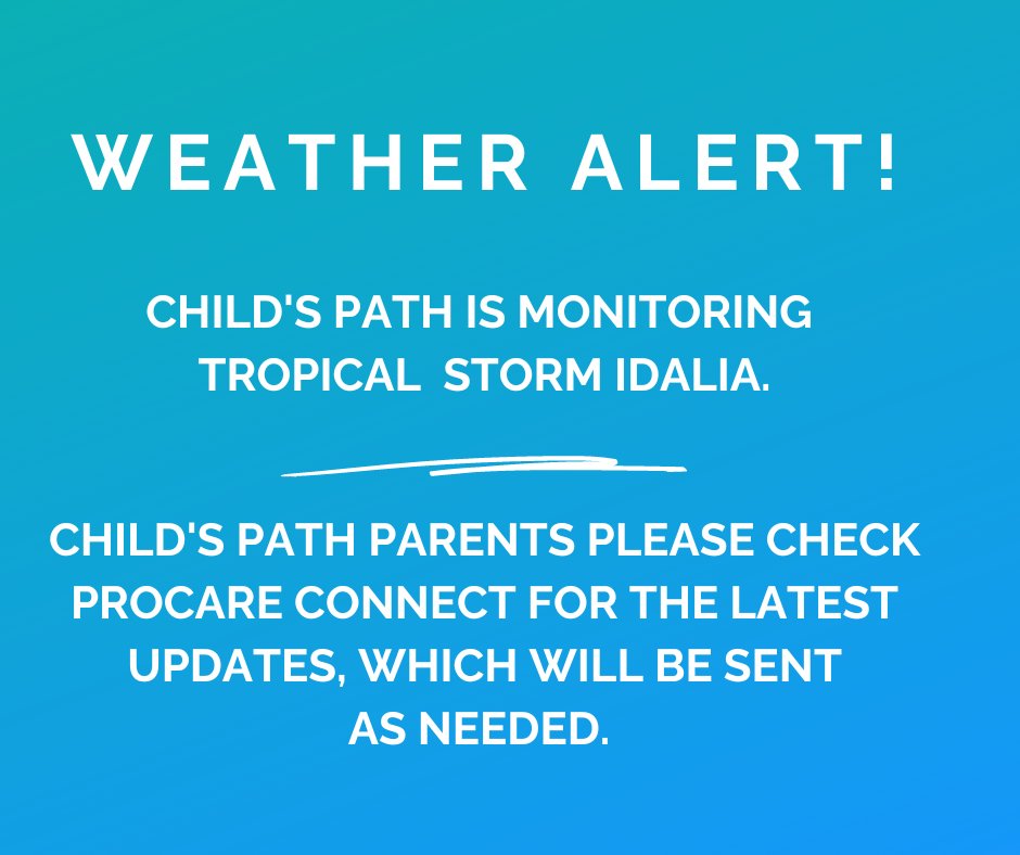 Childs_Path's tweet photo. Child’s Path is monitoring Tropical Storm Idalia, and we follow Collier County Public Schools when it comes to closures. As of right now, we are open.
Child’s Path parents, please monitor ProCare Connect, for the latest updates from our centers regarding possible closures. https://t.co/0dnsMHPGO8