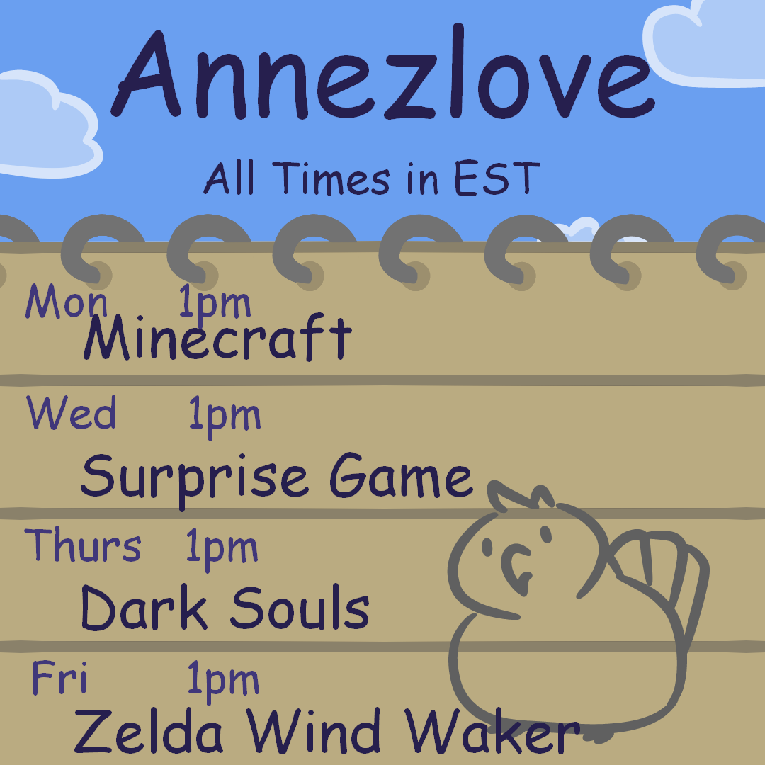 AnnezloveVT's tweet photo. Got a full week of fun planned! Today will be a mostly chill stream hanging out and building in one of my favorite games. This week will be a lot of fun and I hope to see you there. https://t.co/CAa2Vc2kdJ
