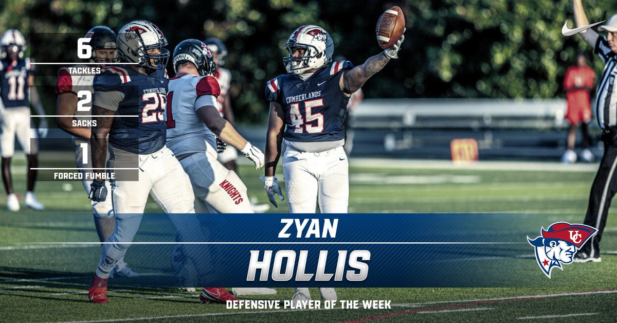 UCPatriotFball's tweet photo. Congratulations to our Defensive Player of the Week vs. KCU - Zyan Hollis

Zyan lived in the backfield as he recorded 6 tackles and 2 sacks with a forced fumble. His contributions led to the defense holding KCU to -34 total yards rushing! https://t.co/5QpGzdiAc4