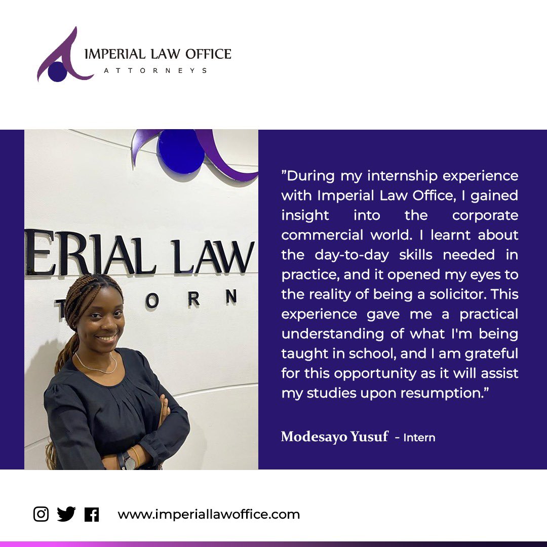 Meet Modesayo Yusuf, our Intern.

#imperiallawoffice #commerciallawfirm #youngtalent #legaladvice #lagoslawyer