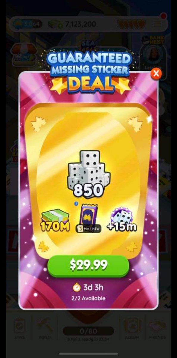 CoercedDream's tweet photo. @MonopolyGO How is someone I know going to get a deal for $29.99, but when I get a deal, it's $99.99. How is that even remotely fair? https://t.co/b6csNcVEJk