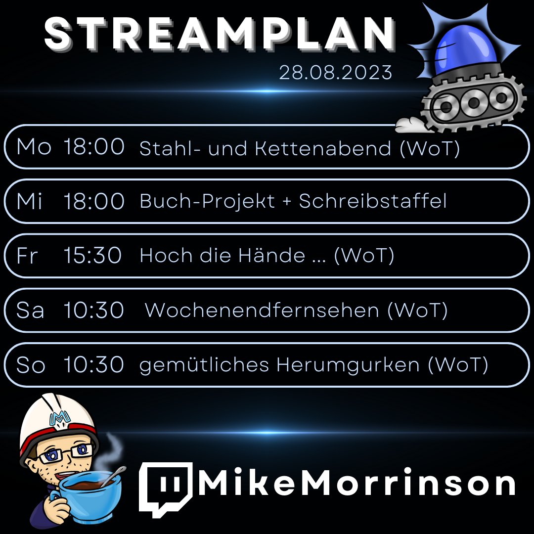 Servus zusammen, guten #Wochenstart gewünscht 😊Hier der #Streamplan für diese Woche. Kleines Highlight ist die #Schreibstaffel am Mittwochabend 🍵📜Erster #Stream startet in Kürze (Link in Bio).
#twitch #TwitchDE #streaming #gaming
