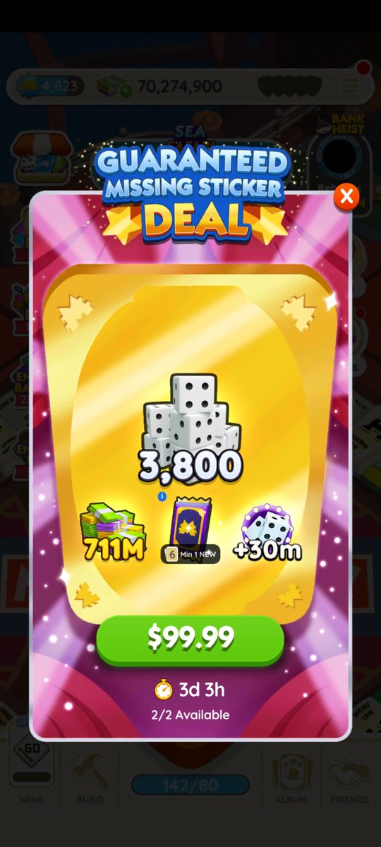 CoercedDream's tweet photo. @MonopolyGO How is someone I know going to get a deal for $29.99, but when I get a deal, it's $99.99. How is that even remotely fair? https://t.co/b6csNcVEJk