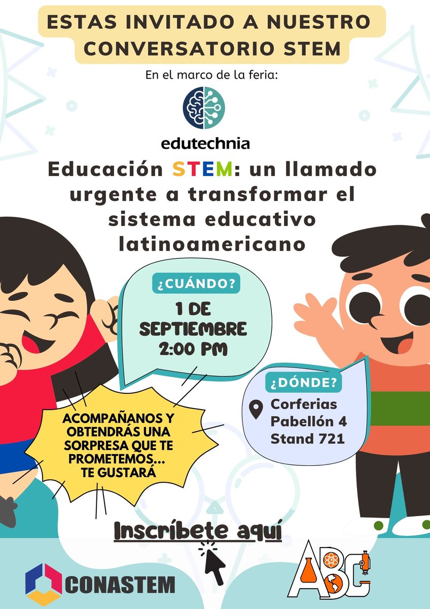 colstem's tweet image. 🚀 ¡Prepárate para un emocionante conversatorio en #Edutechnia2023! 🌟 ABC Laboratorios y CONASTEM se unen para revolucionar la educación STEM. Únete el 1 de septiembre a las 2 pm en Corferias, pabellón No. 4. ¡Regístrate aquí! ➡️forms.gle/Ta5Y5gFgokxvtG…