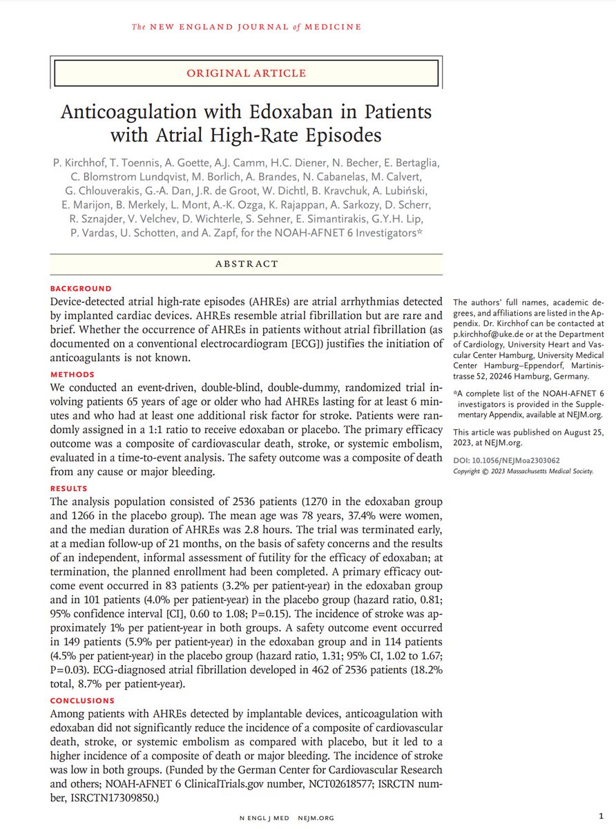 Original Article: Anticoagulation with Edoxaban in Patients with Atrial High-Rate Episodes (NOAH-AFNET 6 trial) nej.md/3PaUOJz #ESCCongress #cardiology