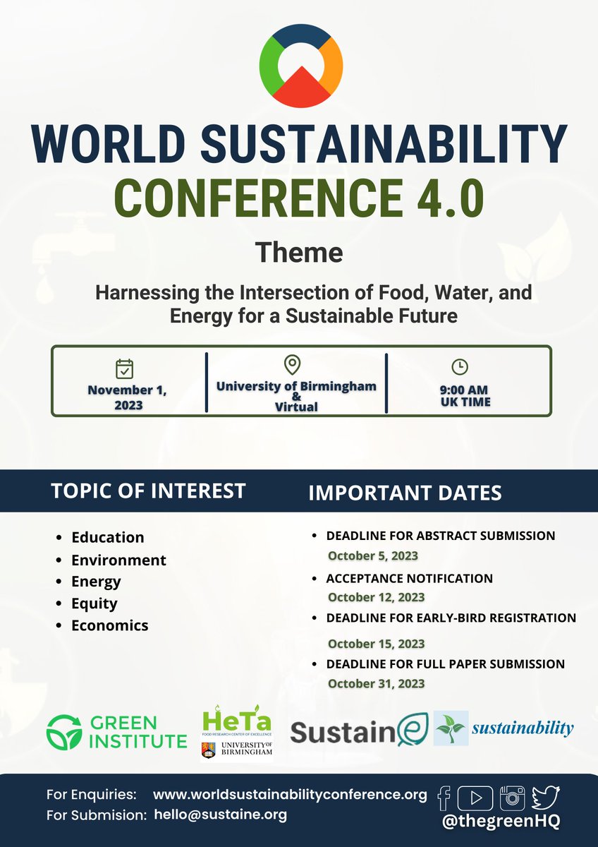 #CallForAbstracts

Calling all researchers and experts in the areas of food, water, and energy! 

Share your research findings at #WSC2023, both live at the University of Birmingham or online.
 
Visit worldsustainabilityconference.org to learn more.
@CCUFSACanada @msstate_fsn @agfoodlaw