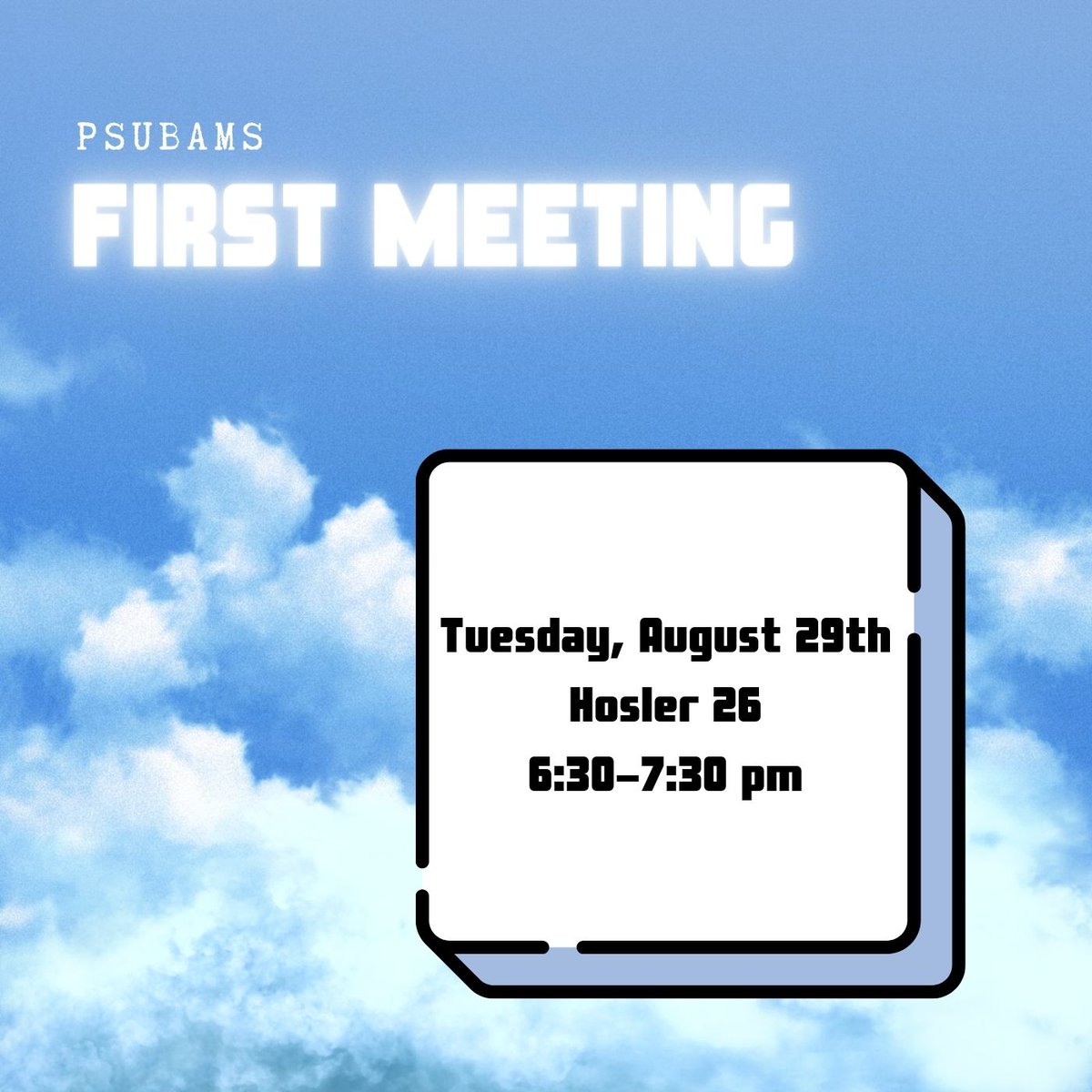 Join us for our FIRST MEETING of the year on Tuesday, August 29th at 6:30 pm in Hosler 26! We are SO excited to see new and returning faces and can't wait to share our plans for the year!