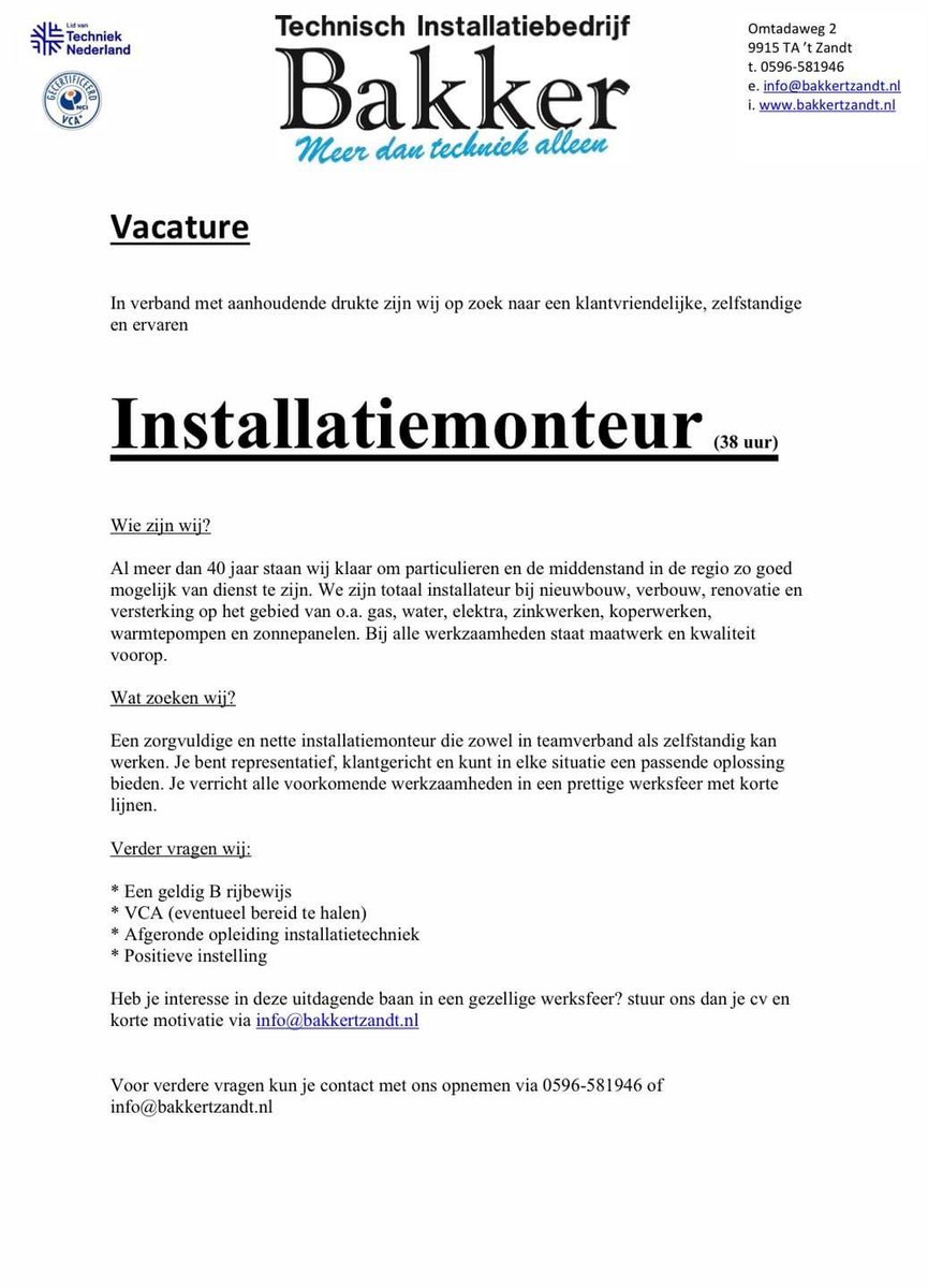 🚨 LET OP! 🚨 VACATURE ALARM 🚨

Ben jij installatiemonteur en toe aan een nieuwe uitdaging?? Neem dan contact op voor een afspraak en misschien hebben wij wel die leuke nieuwe baan voor je in een gezellig team met super afwisselend werk! 

Tel 0596-581946 of info@bakkertzandt.nl
