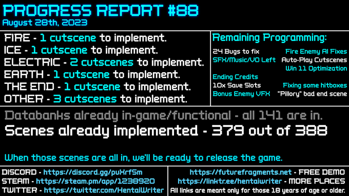 Bi-Weekly Progress Report #88 for Future Fragments!   More for this update is on Discord, at; https://t<a href="/tag/animeexpo"class="tags"><span>#animeexpo</span></a><a href="/tag/denpasoft"class="tags"><span>#denpasoft</span></a><a href="/tag/animeexpoartistalley"class="tags"><span>#animeexpoartistalley</span></a>