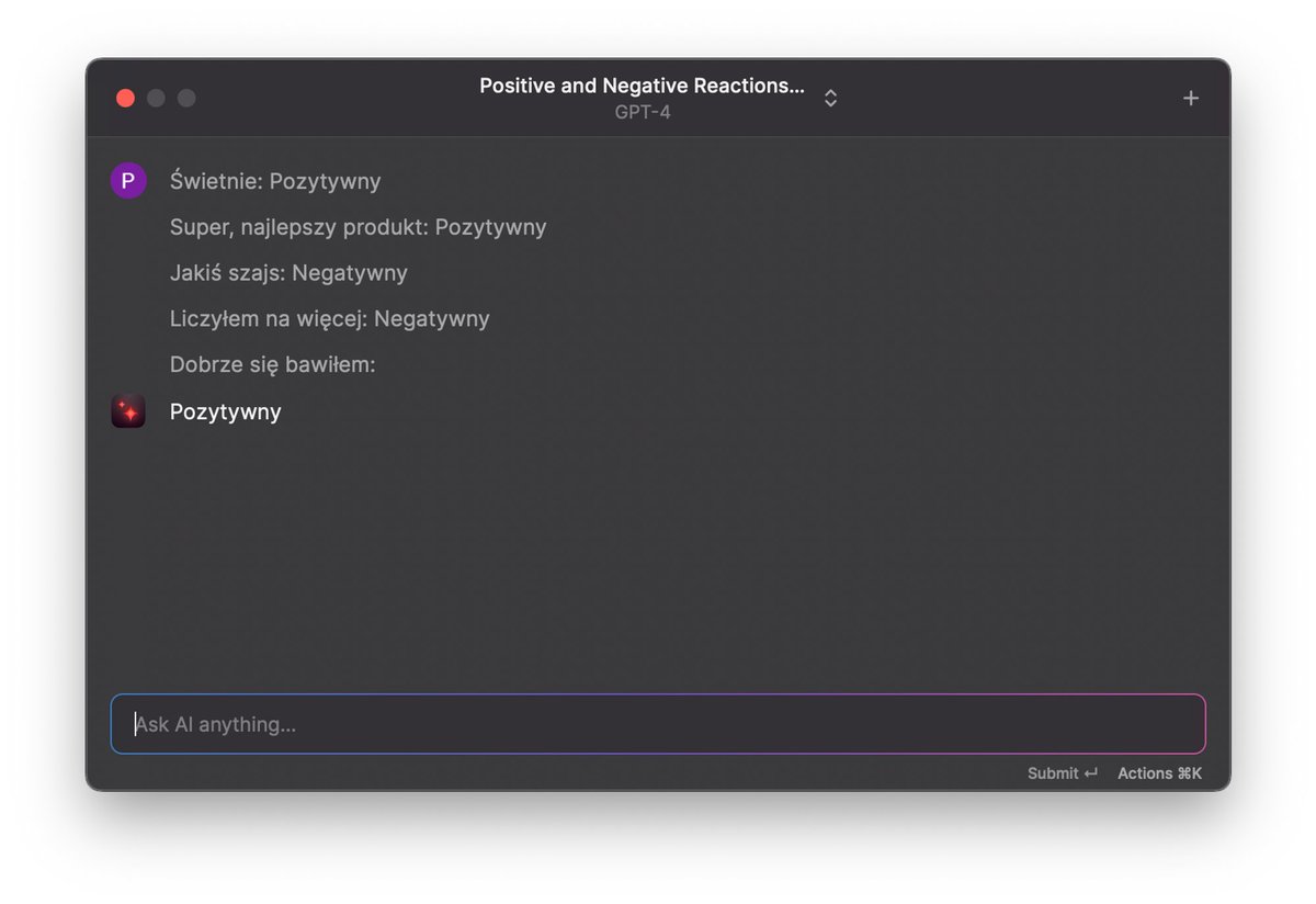 pawelmarszalec's tweet image. Zawsze łatwiej jest zrozumieć coś na konkretnym przykładzie.

GPT nie jest wyjątkiem od tej reguły i podobnie jak człowiek, łatwiej pojmuje rzeczy, które widzi na konkretnych przykładach.

Podawanie przykładów w promptcie ma swoją fachową nazwę, która brzmi few-shot prompting.…