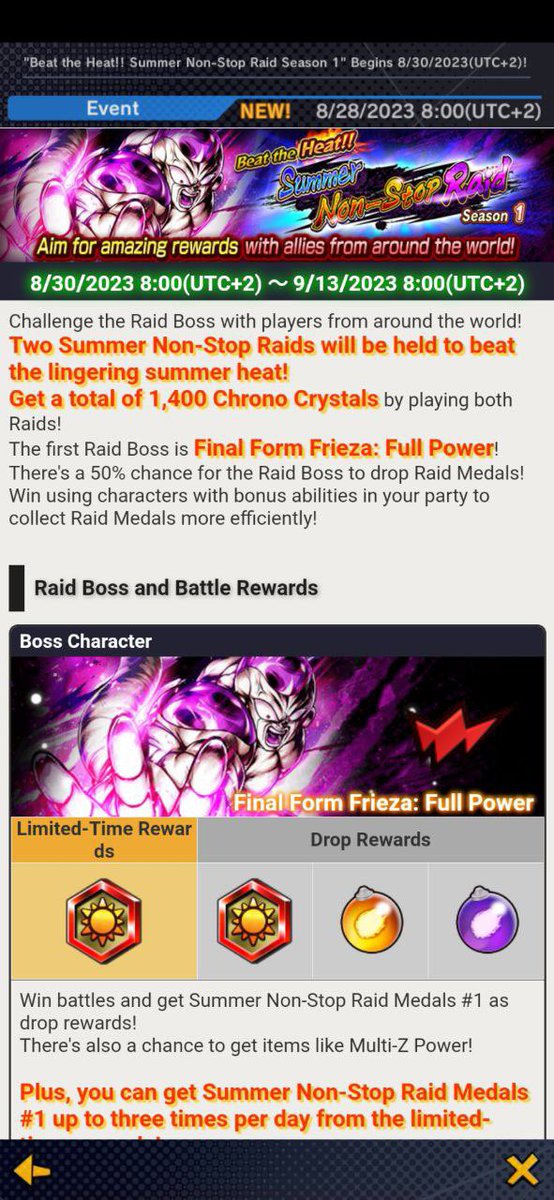 DBLegendsITA's tweet photo. [ Legendary News ]

In arrivo due nuovi “Summer Non-Stop Raid” , la prima arriverà il 30 agosto ed avrà come boss finale “Final Form Freezer : Full Power”

#DBLegends #DBLegendsITA #DragonBallLegends #dragonball https://t.co/4IXHYoAuxU