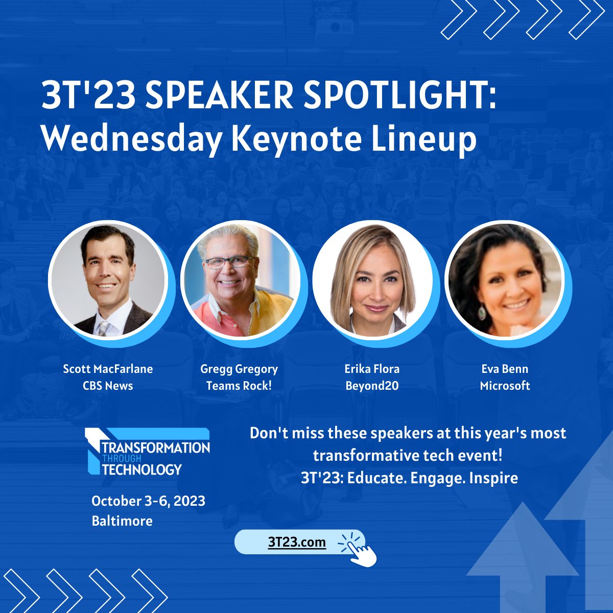 3T’23 Speaker Spotlight: Our keynote lineup is filled with inspirational, educational, and engaging experts ensure a transformative experience! Wednesday, Oct. 4 focuses in on the #AI revolution. See them &amp; more -> 3t23.com/agenda