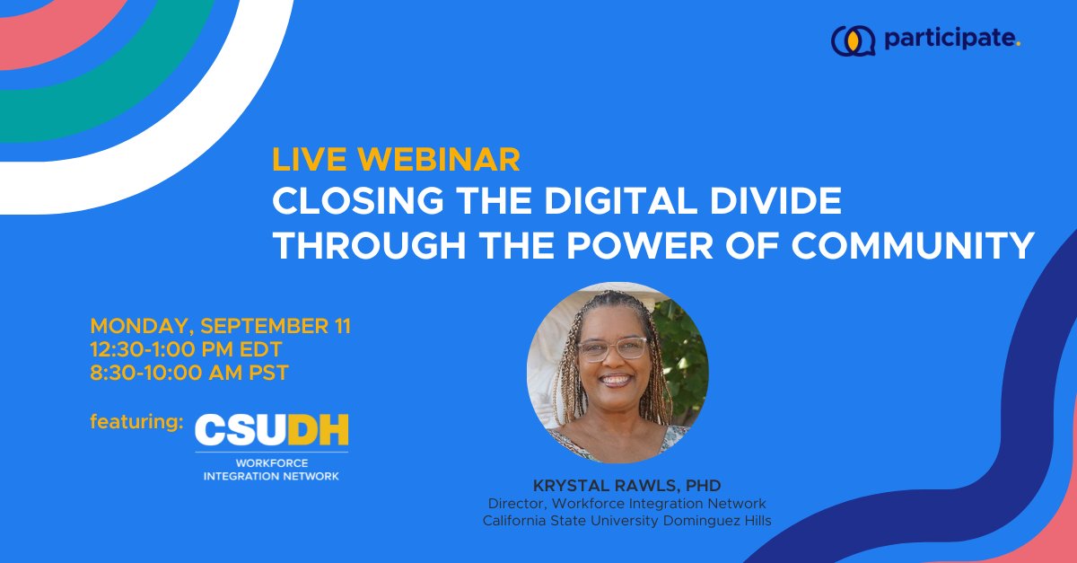 🌟 LIVE WEBINAR! Join us for a conversation with Dr. Krystal Rawls, director of @csudhwin. Discover how the power of community, including a digital #CommunityOfPractice, in bridging gaps and empowering first-gen and underrepresented learner-workers. 
participate.zoom.us/webinar/regist…
