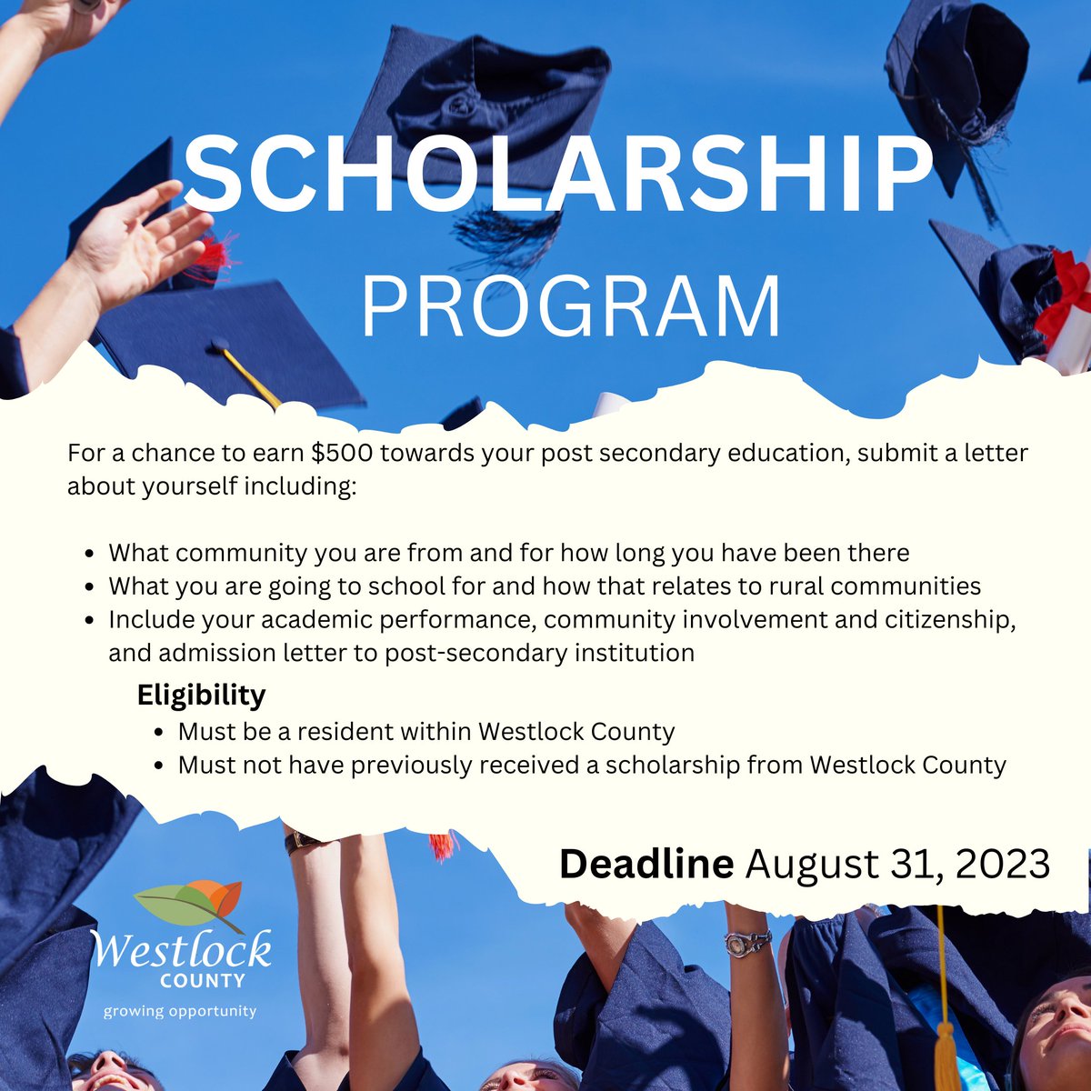 Attending post secondary school in the fall? Apply for a scholarship from Westlock County. 

More details online at westlockcounty.com or call 780-307-0582.

Deadline is Thursday, August 31st, 2023