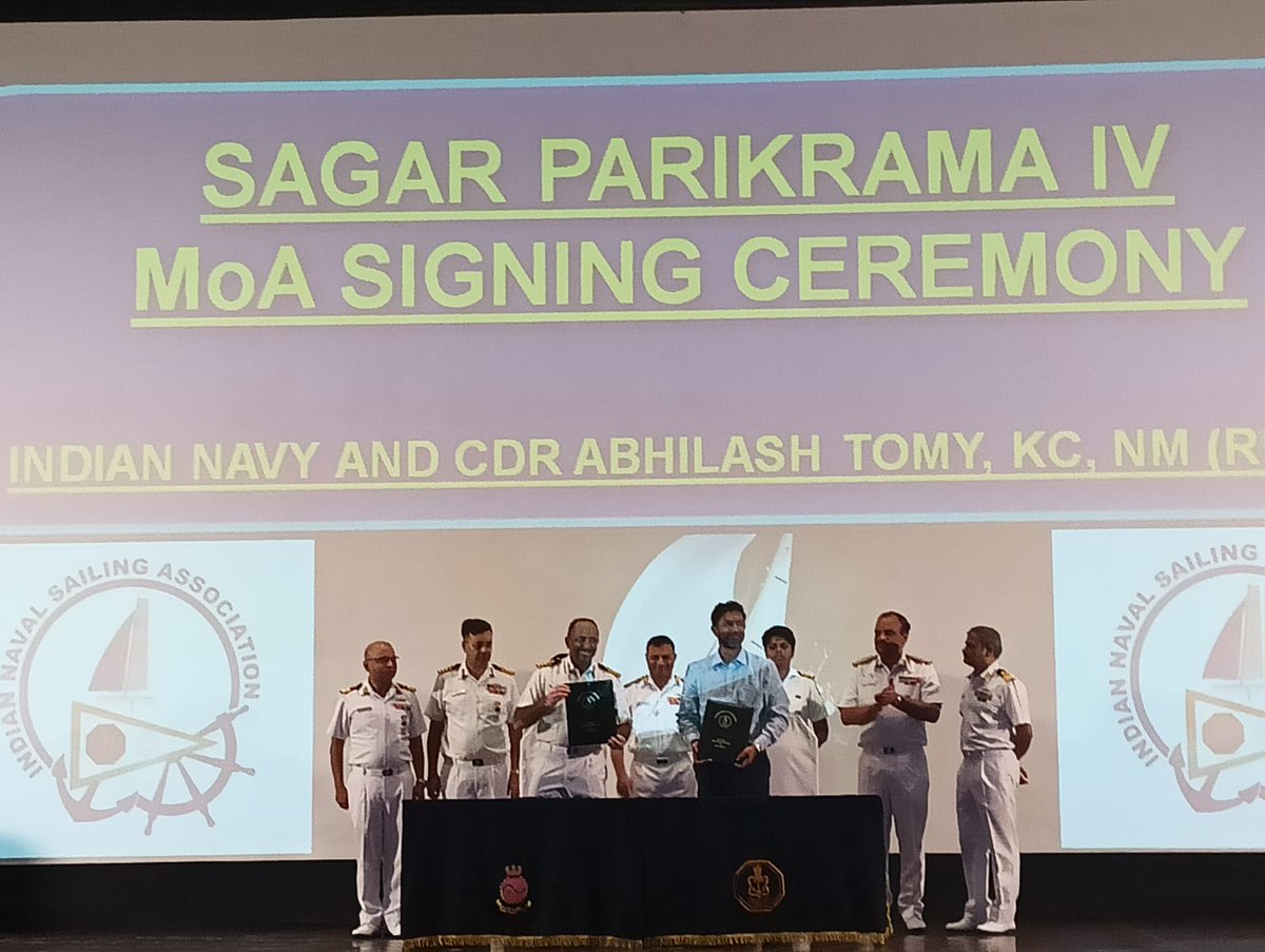 IndiannavyMedia's tweet photo. #IndianNavy readies for #SagarParikramaIV in #Goa as the #OceanSailingNode signed a Memorandum of Agreement with seasoned circumnavigator & #GGR hero @abhilashtomy. He'll mentor & coach volunteer women officers, Lt Cdr Dilna & Lt Cdr Roopa, in their expedition next year โต๏ธ๐ https://t.co/TxT1F7kCSB