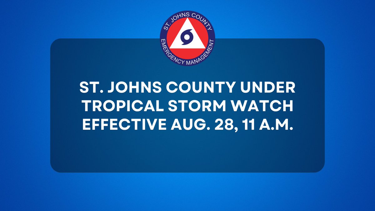 StJohnsEOC's tweet photo. The National Hurricane Center issued a Tropical Storm Watch for St. Johns County today, Aug. 28, at 11 a.m. in anticipation of Tropical Storm Idalia. Visit https://t.co/jIblHKWf1d for updates.

#MySJCFL #HurricaneSeason #Idalia https://t.co/4hEZ6JyYTc