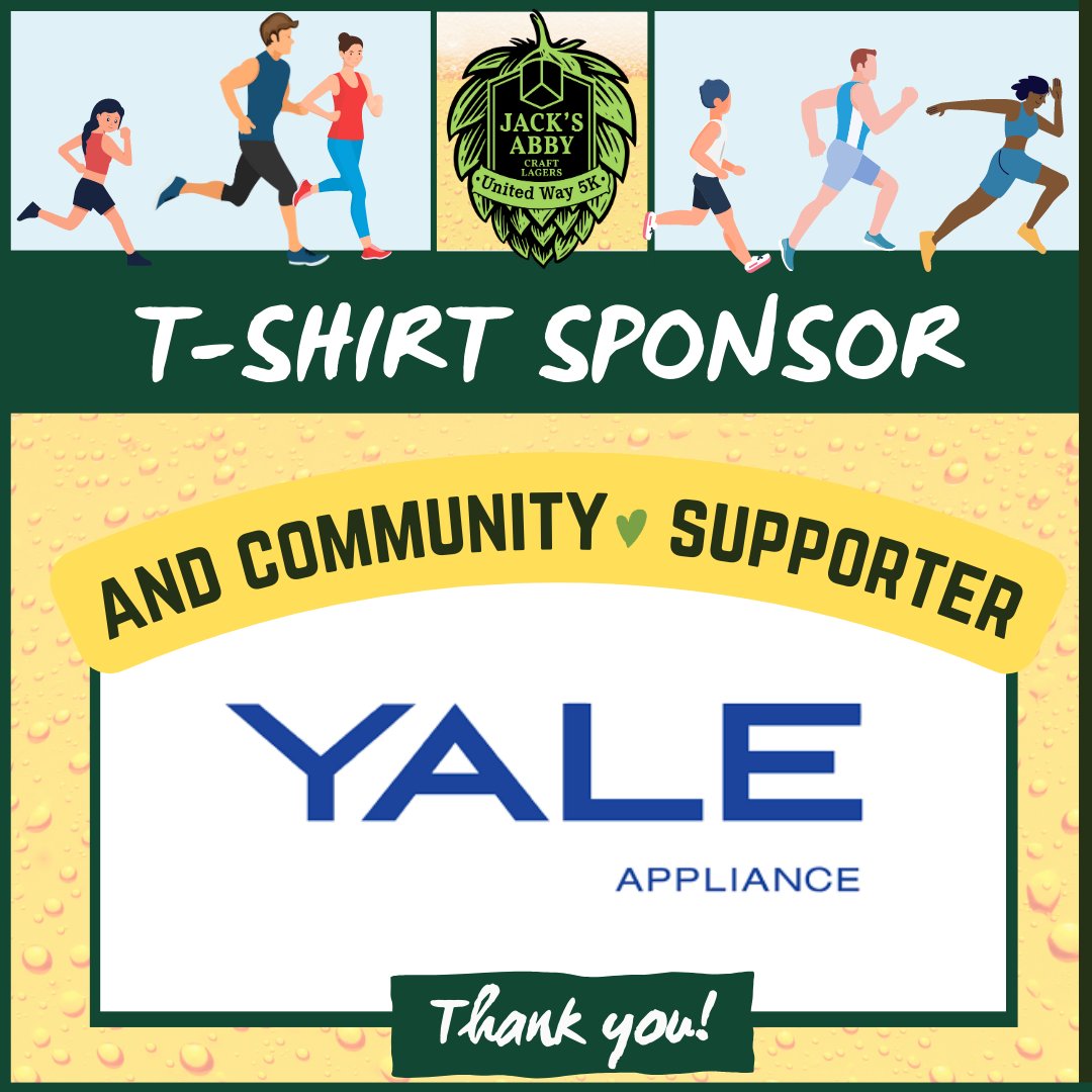 Thanks to <a href="/MyYale/">Yale Appliance</a> for being a T-shirt sponsor for our <a href="/JacksAbby/">Not jacks abby</a> United Way 5K. The race is Saturday, Oct. 14th in #Framingham. Register today—the first 500 to sign up get a free t-shirt, plus a free beer and free sticker! 🙌🏼 uwotc.org/5k